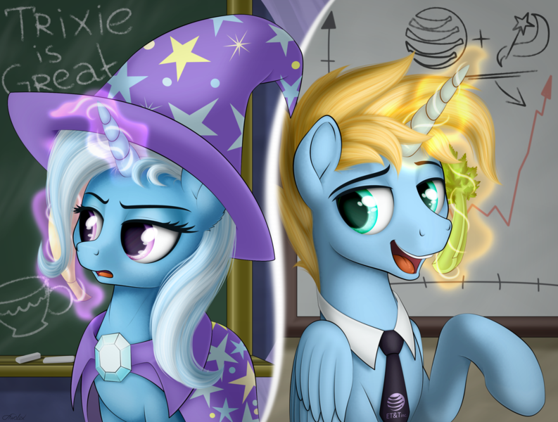 Size: 2777x2100 | Tagged: safe, artist:awalex, derpibooru import, trixie, oc, oc:harmony star, alicorn, unicorn, a matter of principals, alicorn oc, banana, bananaphone, duo, food, horn, male, necktie, phone call, stallion, wings