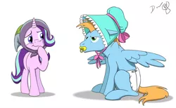 Size: 1280x788 | Tagged: artist needed, suggestive, artist:cactuscowboydan, derpibooru import, starlight glimmer, oc, oc:harmony star, alicorn, pony, unicorn, adult foal, alicorn oc, annoyed, blanket, bonnet, clothes, diaper, diaper fetish, duo, female, fetish, headscarf, horn, male, mare, pacifier, raised hoof, scarf, simple background, stallion, white background, wings