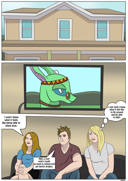 Size: 2893x4092 | Tagged: safe, artist:ltcolonelwhipper, artist:rex-equinox, derpibooru import, free love (changedling), changedling, changeling, human, comic:sharing your wishes!, comic, commission, couch, dialogue, female, high res, house, male, sitting, speech bubble, story included, television, thought bubble, watching, wish