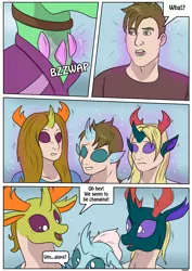 Size: 2893x4092 | Tagged: safe, artist:ltcolonelwhipper, artist:rex-equinox, derpibooru import, free love (changedling), ocellus, pharynx, thorax, changedling, changeling, human, comic:sharing your wishes!, age regression, comic, commission, dialogue, female, female to male, high res, human to changeling, king thorax, magic, male, male to female, onomatopoeia, open mouth, prince pharynx, rule 63, smiling, sound effects, speech bubble, story included, transformation, transgender transformation