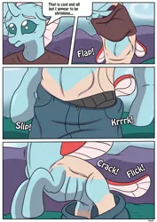 Size: 2893x4092 | Tagged: safe, artist:ltcolonelwhipper, artist:rex-equinox, derpibooru import, ocellus, changedling, changeling, human, comic:sharing your wishes!, age regression, comic, commission, dialogue, female, high res, human to changeling, male, male to female, onomatopoeia, rule 63, solo, sound effects, speech bubble, story included, transformation, transgender transformation, undressing
