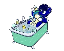 Size: 2560x2048 | Tagged: source needed, useless source url, safe, artist:sugar morning, derpibooru import, oc, oc:berry cream, oc:ravebounce, unofficial characters only, pony, bathing, bathing together, bathtub, chibi, claw foot bathtub, colored, commission, cute, female, male, mare, rubber duck, shampoo, shipping, simple background, soap bubble, stallion, transparent background, water, wet, wet mane