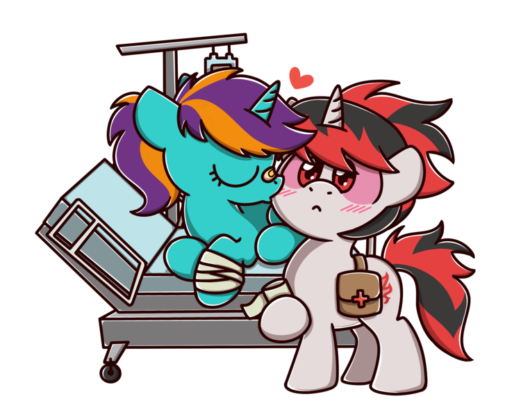 Size: 2560x2048 | Tagged: source needed, useless source url, safe, artist:sugar morning, derpibooru import, oc, oc:norfleet, oc:zaknel, unofficial characters only, pony, unicorn, :<, bag, bandage, bandaged leg, bed, blushing, chibi, colored, commission, cute, eyes closed, female, heart, hospital, kissing, lying down, male, mare, ocbetes, prone, red eyes, simple background, stallion, standing, straight, transparent background