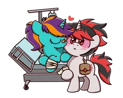 Size: 2560x2048 | Tagged: source needed, useless source url, safe, artist:sugar morning, derpibooru import, oc, oc:norfleet, oc:zaknel, unofficial characters only, pony, unicorn, :<, bag, bandage, bandaged leg, bed, blushing, chibi, colored, commission, cute, eyes closed, female, heart, hospital, kissing, lying down, male, mare, ocbetes, prone, red eyes, simple background, stallion, standing, straight, transparent background