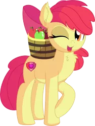 Size: 5738x7622 | Tagged: safe, artist:cyanlightning, derpibooru import, apple bloom, earth pony, pony, .svg available, absurd resolution, apple, apple bloom's bow, blinking, bow, bucket, cute, ear fluff, eating, female, filly, food, hair bow, hat, looking at you, older, one eye closed, open mouth, simple background, sitting, smiling, solo, transparent background, vector, wink