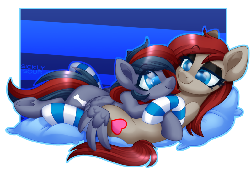 Size: 1876x1274 | Tagged: safe, artist:sickly-sour, derpibooru import, oc, oc:doge, oc:ponepony, unofficial characters only, earth pony, pegasus, clothes, cuddling, cute, eye contact, hug, looking at each other, on top, socks, striped socks