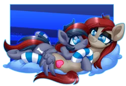 Size: 1876x1274 | Tagged: safe, artist:sickly-sour, derpibooru import, oc, oc:doge, oc:ponepony, unofficial characters only, earth pony, pegasus, clothes, cuddling, cute, eye contact, hug, looking at each other, on top, socks, striped socks