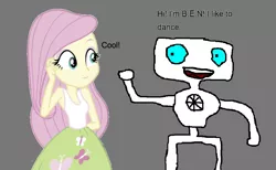 Size: 1039x639 | Tagged: safe, artist:sonicsuperstar1991, derpibooru import, fluttershy, robot, equestria girls, 1000 hours in ms paint, b.e.n., clothes, crossover, dancing, female, looking at each other, open mouth, showing, shy, simple background, smiling, tanktop, wat