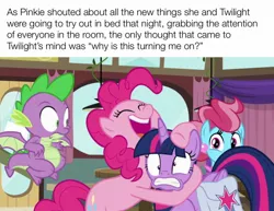 Size: 1200x926 | Tagged: alicorn, a trivial pursuit, bag, caption, cup cake, derpibooru import, dragon, edit, edited screencap, female, hug, image macro, implied exhibitionism, implied lesbian, implied shipping, implied twinkie, lesbian, pinkie pie, ponestrip, saddle bag, screencap, spike, suggestive, text, twilight sparkle, twilight sparkle (alicorn), winged spike