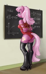 Size: 743x1200 | Tagged: suggestive, artist:vyazinrei, derpibooru import, cheerilee, anthro, earth pony, unguligrade anthro, arm behind back, bondage, box tied, breasts, chalk, chalkboard, clothes, exhibitionism, female, high heels, latex, latex socks, leotard, mare, math, mouth drawing, mouth hold, rope, rope bondage, shibari, shoes, socks, solo, solo female, that pony sure does love teaching, thigh highs