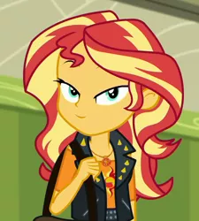 Size: 672x747 | Tagged: safe, derpibooru import, edit, edited screencap, screencap, sunset shimmer, equestria girls, equestria girls series, sock it to me, spoiler:choose your own ending (season 2), spoiler:eqg series (season 2), bag, clothes, cropped, cute, faic, geode of empathy, hallway, lidded eyes, lockers, looking at you, magical geodes, shirt, solo, vest