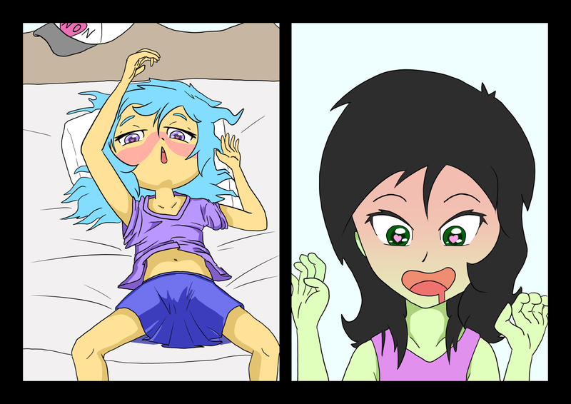 Size: 1414x1000 | Tagged: suggestive, artist:happy harvey, derpibooru import, oc, oc:anonfilly, oc:little league, unofficial characters only, equestria girls, bed, blushing, clothes, colored, drawn on phone, female, filly, heart eyes, laying on bed, lesbian, looking at you, on bed, open mouth, shading, shirt, skirt, what are we gonna do on the bed?, wingding eyes