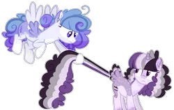 Size: 1591x1006 | Tagged: safe, artist:luqella, derpibooru import, oc, oc:lavender lust, oc:pop rocks, unofficial characters only, pegasus, pony, unicorn, female, mare, parent:twilight sparkle, parents:canon x oc, simple background, tail feathers, transparent background