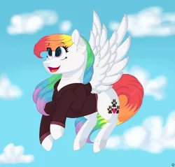 Size: 3336x3184 | Tagged: safe, artist:rainbowpawsarts, derpibooru import, oc, oc:rainbow paws, pegasus, pony, clothes, cloud, female, flying, hoodie, mare, sky