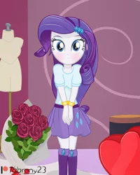 Size: 2461x3075 | Tagged: safe, artist:tabrony23, derpibooru import, rarity, equestria girls, boots, bouquet of flowers, chocolate, clothes, comic, cute, female, food, heart, holiday, looking at you, shoes, solo, surprised, valentine's day