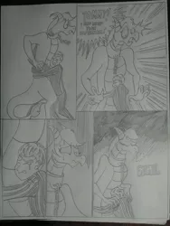 Size: 1944x2592 | Tagged: semi-grimdark, artist:princebluemoon3, author:bigonionbean, derpibooru import, oc, oc:rainbow tashie, oc:tommy the human, dragon, human, comic:the chaos within us, black and white, canterlot, canterlot castle, chains, clothes, collar, comic, commissioner:bigonionbean, dialogue, dragonified, drawing, dream, embedded, frightened, grayscale, hand cuffs, hug, human oc, monochrome, night, nightmare, scared, species swap, traditional art