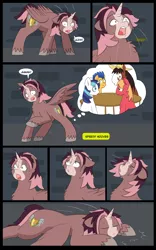 Size: 5000x8000 | Tagged: safe, artist:chedx, author:bigonionbean, derpibooru import, big macintosh, flash sentry, shining armor, trouble shoes, oc, oc:king speedy hooves, alicorn, clydesdale, earth pony, pegasus, pony, unicorn, comic:the fusion flashback, alicorn oc, comic, commissioner:bigonionbean, confused, confusion, cutie mark, dialogue, fusion, fusion:fast hooves, fusion:home defence, fusion:king speedy hooves, horn, magic, panicking, passed out, potion, sleeping, sweat, sweating profusely, table, thought bubble, wings