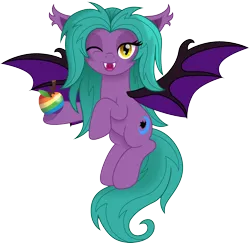 Size: 1500x1457 | Tagged: safe, artist:cloudyglow, derpibooru import, oc, oc:purple shade, unofficial characters only, bat pony, pony, apple, bat pony oc, bat wings, commission, fangs, female, flying, food, herbivore, looking at you, mare, movie accurate, rainbow, simple background, solo, transparent background, wings, zap apple