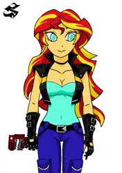 Size: 862x1225 | Tagged: safe, artist:emichaca, derpibooru import, sunset shimmer, equestria girls, biker, breasts, cleavage, female, simple background, solo, white background, wrench