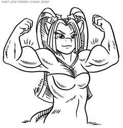 Size: 965x1000 | Tagged: anthro, aria blaze, aria brute, artist:kaemantis, biceps, black and white, clothes, commission, derpibooru import, dress, grayscale, monochrome, muscles, part of a set, safe, signature, simple background, smiling, solo, white background