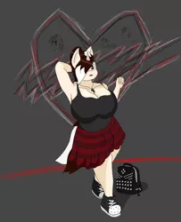 Size: 3826x4720 | Tagged: suggestive, artist:acrylicbristle, derpibooru import, oc, oc:acrylic bristle, anthro, unicorn, anthro oc, armpits, big breasts, big titty goth gf, breasts, chubby, cleavage, clothes, crotch bulge, curvy, emo, flannel, intersex, lipstick, long hair, male to female, plaid skirt, pleated skirt, rule 63, shoes, signature, simple background, skirt, solo, tanktop, thick, transgender