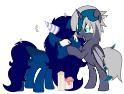 Size: 1621x1235 | Tagged: safe, artist:celestial-rue0w0, artist:klewgcg, derpibooru import, oc, oc:elizabat stormfeather, oc:midnight, unofficial characters only, alicorn, bat pony, bat pony alicorn, pony, alicorn oc, base used, bat pony oc, bat wings, bipedal, birthday, birthday gift, commission, confetti, cute, cutie, female, hat, horn, mare, open mouth, party hat, present, show accurate, simple background, squishy cheeks, transparent background, wings