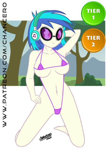 Size: 549x800 | Tagged: questionable, artist:chancero, derpibooru import, vinyl scratch, equestria girls, armpits, barefoot, belly button, big breasts, bikini, breasts, busty vinyl scratch, cameltoe, clothes, feet, female, legs, micro bikini, patreon, sexy, simple background, sling bikini, solo, solo female, stupid sexy vinyl, swimsuit, thighs, transparent background