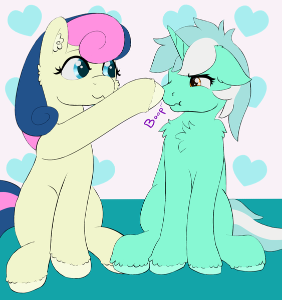 Size: 1150x1225 | Tagged: safe, artist:llametsul, derpibooru import, bon bon, lyra heartstrings, sweetie drops, earth pony, pony, unicorn, annoyed, behaving like a cat, boop, chest fluff, duo, duo female, ear fluff, female, heart, lesbian, lyrabon, nose wrinkle, scrunchy face, shipping, simple background, unshorn fetlocks