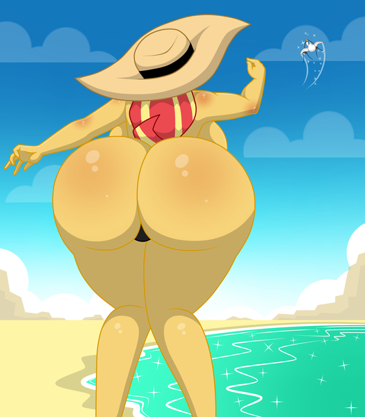 Size: 2800x3200 | Tagged: questionable, artist:mashoart, derpibooru import, sunset shimmer, bird, goose, equestria girls, ass, beach, beach babe, big breasts, breasts, bunset shimmer, butt, clothes, digital art, extra thicc, female, fluttershy and the goose, huge breasts, huge butt, impossibly large butt, large butt, panties, partial nudity, rear view, sexy, solo, solo female, the ass was fat, thick, thong, topless, underwear