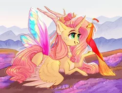 Size: 1280x978 | Tagged: safe, artist:segraece, derpibooru import, fluttershy, philomena, alicorn, phoenix, pony, alicornified, artificial wings, augmented, butterfly wings, color porn, colored wings, eyebrows, female, fire, floral head wreath, flower, fluttercorn, holding, horns, looking at something, magic, magic wings, mare, mother nature, outdoors, prone, race swap, raised hoof, ribbon, smiling, solo, spread wings, wings