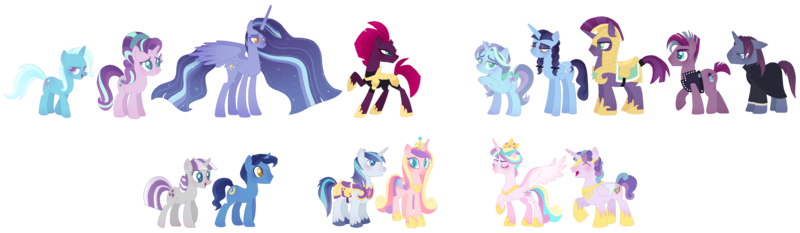 Size: 3950x1150 | Tagged: safe, artist:xanthicsolarian, derpibooru import, night light, princess cadance, princess flurry heart, shining armor, starlight glimmer, tempest shadow, trixie, twilight sparkle, twilight velvet, oc, female, lesbian, magical lesbian spawn, male, nightvelvet, offspring, parent:princess cadance, parent:shining armor, parent:starlight glimmer, parent:tempest shadow, parent:trixie, parent:twilight sparkle, parents:shiningcadance, parents:startrix, parents:tempestglimmer, parents:tempestlight, parents:tempestrix, parents:twistarlight, parents:twixie, polyamory, shiningcadance, shipping, simple background, startrix, straight, tempestglimmer, tempestlight, tempestrix, transparent background, twistarlight, twixie, twixstar