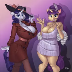 Size: 900x900 | Tagged: suggestive, artist:kevinsano, derpibooru import, rarity, oc, oc:dakota dallas, anthro, unicorn, anthro oc, bedroom eyes, big breasts, breasts, busty rarity, cleavage, clothes, coat, commission, detective rarity, dress, eyeshadow, fedora, female, hat, huge breasts, jewelry, lipstick, looking at you, makeup, mare, necklace, open mouth, pants, smiling