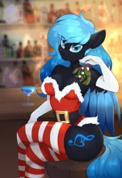 Size: 2000x2925 | Tagged: anthro, anthro oc, armpits, artist:u_lu_lu, belt, breasts, christmas, cleavage, clothes, commission, costume, derpibooru import, evening gloves, female, gloves, holiday, leotard, long gloves, looking at you, mare, mistletoe, oc, oc:dazzling melody, pegasus, santa costume, sexy, sexy santa costume, sitting, socks, solo, solo female, striped socks, suggestive, thigh highs, unofficial characters only, ych result