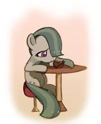 Size: 400x493 | Tagged: safe, artist:andromedasparkz, derpibooru import, marble pie, earth pony, pony, chocolate, female, food, hearts and hooves day, lonely, mare, sad, simple background, solo, table