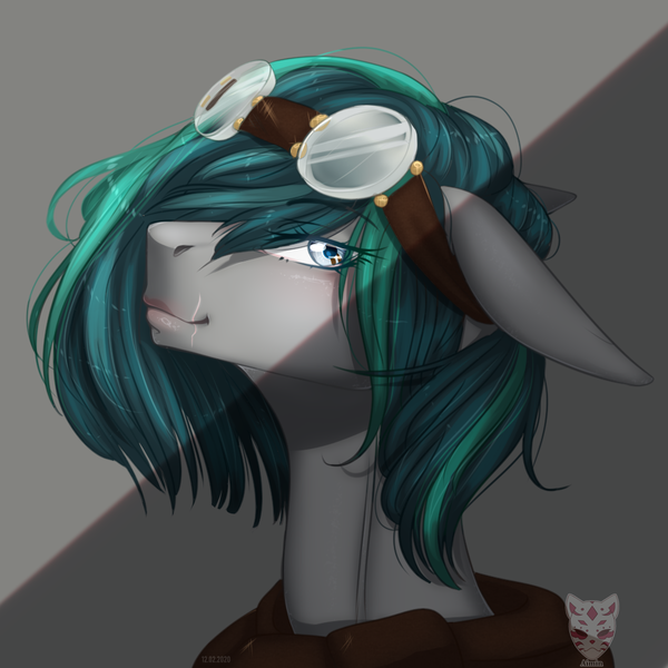 Size: 1000x1000 | Tagged: safe, artist:lastaimin, derpibooru import, oc, oc:lena, pony, bust, female, goggles, mare, portrait, solo