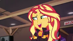 Size: 1920x1080 | Tagged: safe, derpibooru import, screencap, sunset shimmer, equestria girls, equestria girls series, sunset's backstage pass!, spoiler:eqg series (season 2), arms folded, ceiling, clothes, cute, eyebrows, eyelashes, female, jacket, lidded eyes, looking at something, loudspeaker, open mouth, shimmerbetes, smug, smugset shimmer, solo