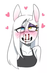 Size: 357x526 | Tagged: safe, artist:redxbacon, derpibooru import, oc, oc:rubber bunny, anthro, earth pony, blood, blushing, bust, clothes, eye clipping through hair, heart, heterochromia, nosebleed, solo