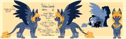 Size: 5481x1700 | Tagged: artist:sinnocturnal, blue feather, chest fluff, derpibooru import, feather, female, gold, jewelry, macro, macro/micro, makeup, malachite, oc, oc:pietas lazuli, paws, red eyes, reference sheet, safe, silhouette, sphinx, sphinx oc, text, unofficial characters only, yellow hair