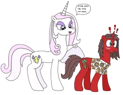 Size: 2625x2014 | Tagged: safe, artist:supahdonarudo, derpibooru import, fleur-de-lis, oc, oc:ironyoshi, unicorn, blushing, clothes, dialogue, exclamation point, flirting, implied shipping, raised hoof, shirt, simple background, speech bubble, transparent background