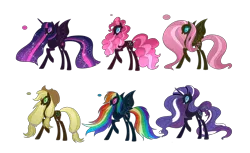 Size: 9138x5604 | Tagged: safe, artist:lumi-infinite64, derpibooru import, applejack, fluttershy, nightmare rarity, pinkie pie, rainbow dash, rarity, twilight sparkle, twilight sparkle (alicorn), alicorn, earth pony, pegasus, pony, unicorn, evil, evil grin, grin, mane six, nightmare, nightmare applejack, nightmare fluttershy, nightmare pinkie, nightmare rainbow dash, nightmare twilight, nightmarified, simple background, smiling, transparent background