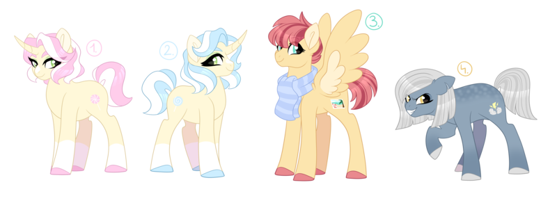 Size: 4924x1800 | Tagged: safe, artist:gigason, derpibooru import, oc, unofficial characters only, earth pony, pegasus, pony, unicorn, clothes, female, magical lesbian spawn, male, mare, offspring, parent:aloe, parent:aunt holiday, parent:auntie lofty, parent:flam, parent:flim, parent:lightning dust, parent:limestone pie, parent:lotus blossom, parents:aloeflam, parents:limedust, parents:lofty day, parents:lotusflim, scarf, simple background, stallion, transparent background