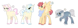 Size: 4924x1800 | Tagged: safe, artist:gigason, derpibooru import, oc, unofficial characters only, earth pony, pegasus, pony, unicorn, clothes, female, magical lesbian spawn, male, mare, offspring, parent:aloe, parent:aunt holiday, parent:auntie lofty, parent:flam, parent:flim, parent:lightning dust, parent:limestone pie, parent:lotus blossom, parents:aloeflam, parents:limedust, parents:lofty day, parents:lotusflim, scarf, simple background, stallion, transparent background