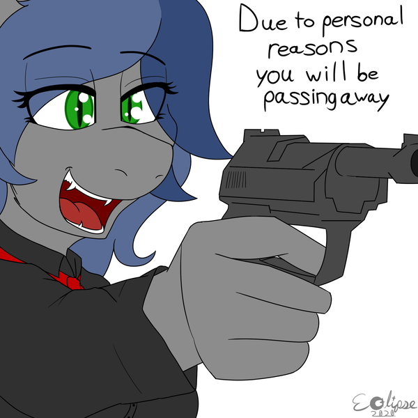 Size: 1500x1500 | Tagged: safe, artist:eclipsepenumbra, artist:eclipsethebat, derpibooru import, oc, oc:eclipse penumbra, unofficial characters only, anthro, bat pony, clothes, delet this, female, gun, handgun, meme, pistol, simple background, solo, suit, text, walther p38, weapon, white background