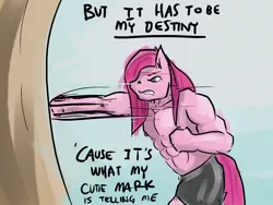 Size: 1024x768 | Tagged: safe, artist:arrwulf, derpibooru import, pinkie pie, anthro, earth pony, magical mystery cure, abs, bubble berry, bubblini davinci berry, clothes, male, muscles, muscular male, partial nudity, pinkamena diane pie, pinkamena diane pump, pinkie pump, punch, rule 63, shorts, solo, speech, talking, topless, tree