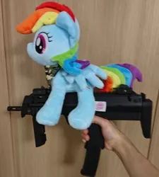 Size: 1846x2048 | Tagged: safe, artist:omegapony16, derpibooru import, rainbow dash, pegasus, pony, airsoft, female, gun, hand, irl, mare, mp7, neckerchief, photo, plushie, toy, weapon