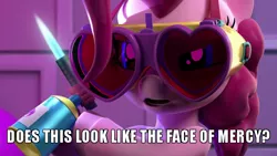 Size: 700x394 | Tagged: 3d, blowtorch, caption, derpibooru import, does this look like the face of mercy, edit, edited screencap, goggles, hello pinkie pie, image macro, meme, pinkie pie, safe, screencap, text, torchie pie