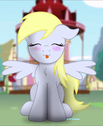 Size: 600x736 | Tagged: safe, artist:bastbrushie, derpibooru import, part of a set, derpy hooves, pegasus, pony, :3, animated, bastbrushie is trying to kill us, blushing, chest fluff, cute, daaaaaaaaaaaw, derpabetes, female, gif, happy, hnnng, house, nuclear cuteness, ponyville, sitting, sky, solo, tongue out