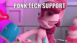 Size: 600x336 | Tagged: safe, derpibooru import, edit, edited screencap, screencap, pinkie pie, earth pony, pony, hello pinkie pie, 3d, animated, balloon, caption, image macro, mallet, meme, percussive maintenance, ponk, saw, screwdriver, solo, tech support, text, tongue out, wrench