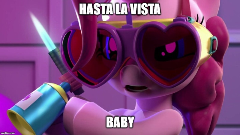 Size: 888x499 | Tagged: 3d, blowtorch, caption, derpibooru import, edit, edited screencap, goggles, hello pinkie pie, image macro, meme, pinkie pie, safe, screencap, terminator 2, text, torchie pie