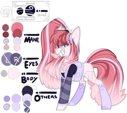 Size: 3000x2680 | Tagged: safe, derpibooru import, oc, unofficial characters only, earth pony, pony, clothes, earth pony oc, eye clipping through hair, female, grin, mare, parent:coloratura, parent:violet blurr, reference sheet, simple background, smiling, solo, text, transparent background